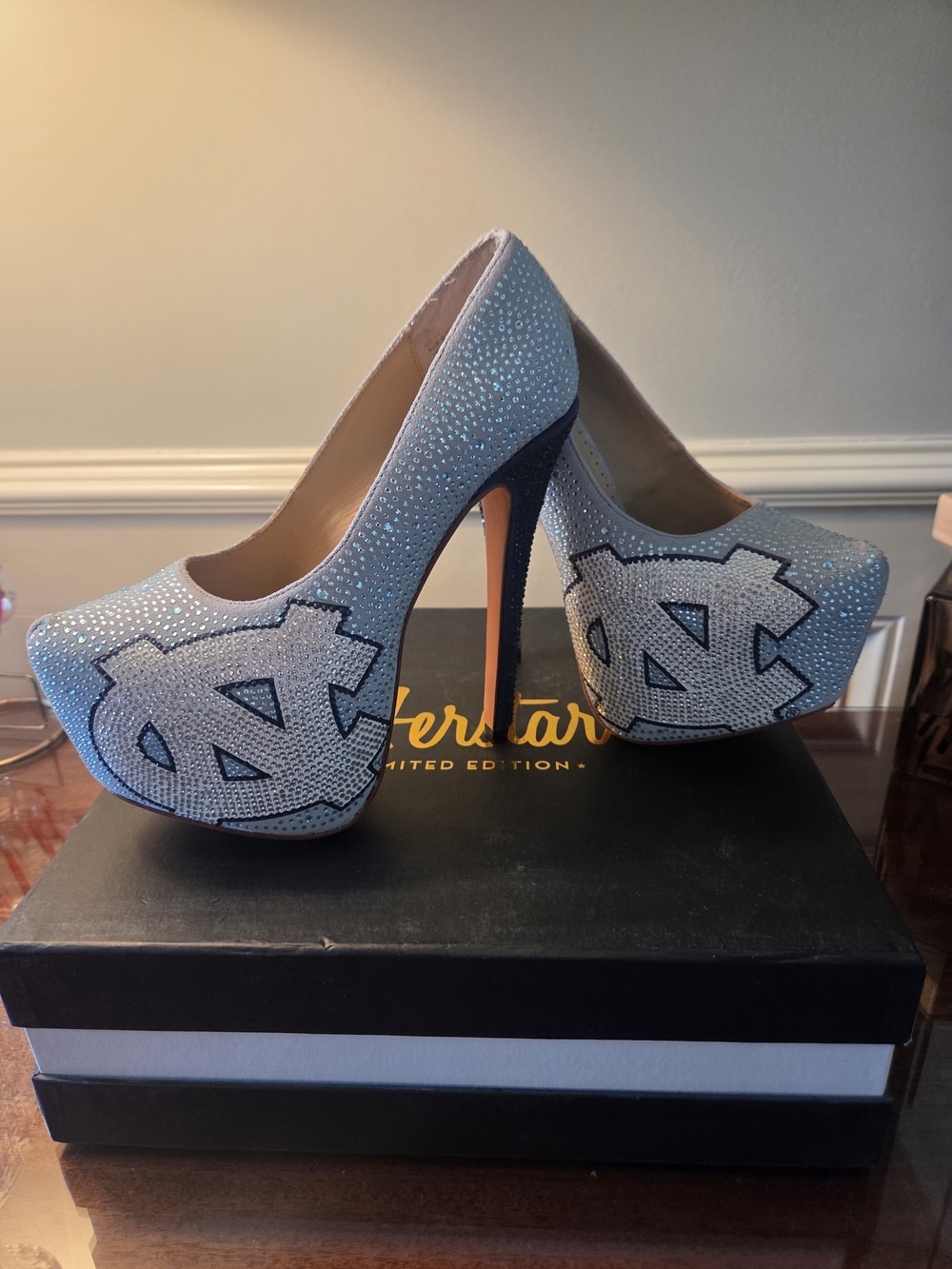 Herstar Limited Edition Rhinestone Platform Pumps in Light Blue with UNC Logo